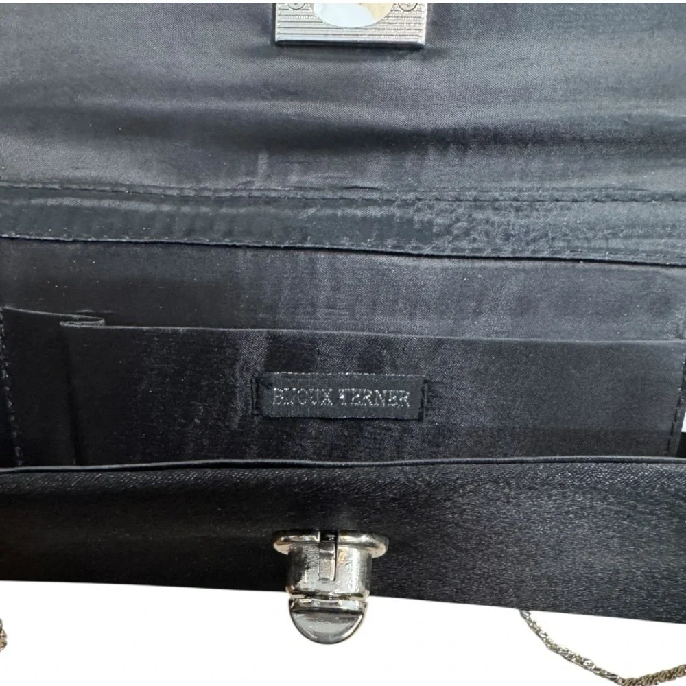 Bijoux Terner Black Satin Boxy Clutch Purse w/ Hideaway Chain Crossbody